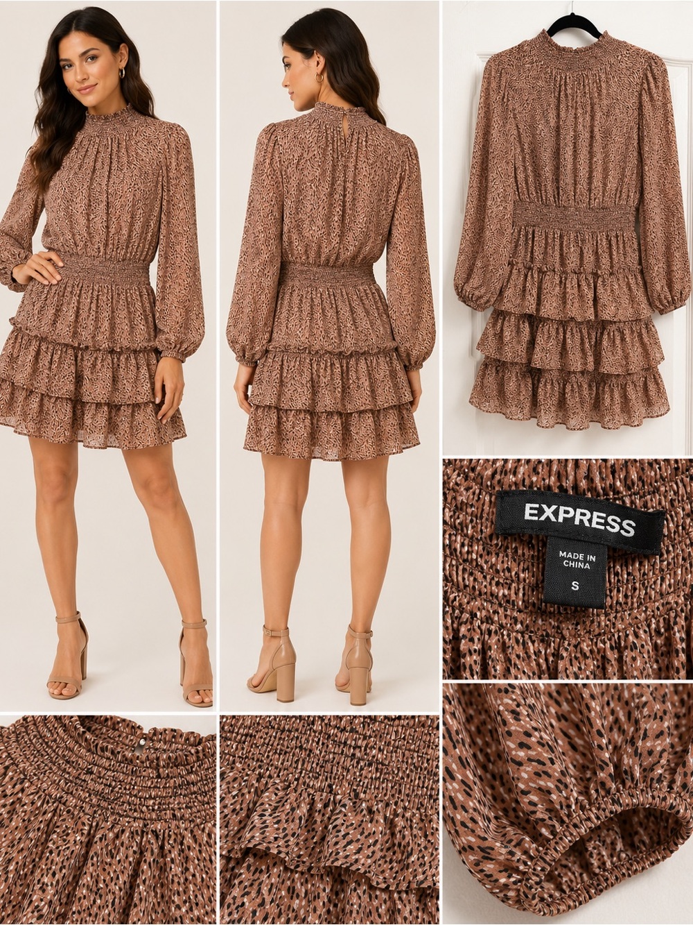 Express Brown Printed Tiered Smocked Mini Dress